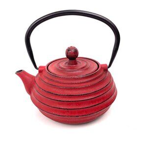 Vintage Asian Cast Iron Teapot Red & Black Tetsubin Style Ribbed Design